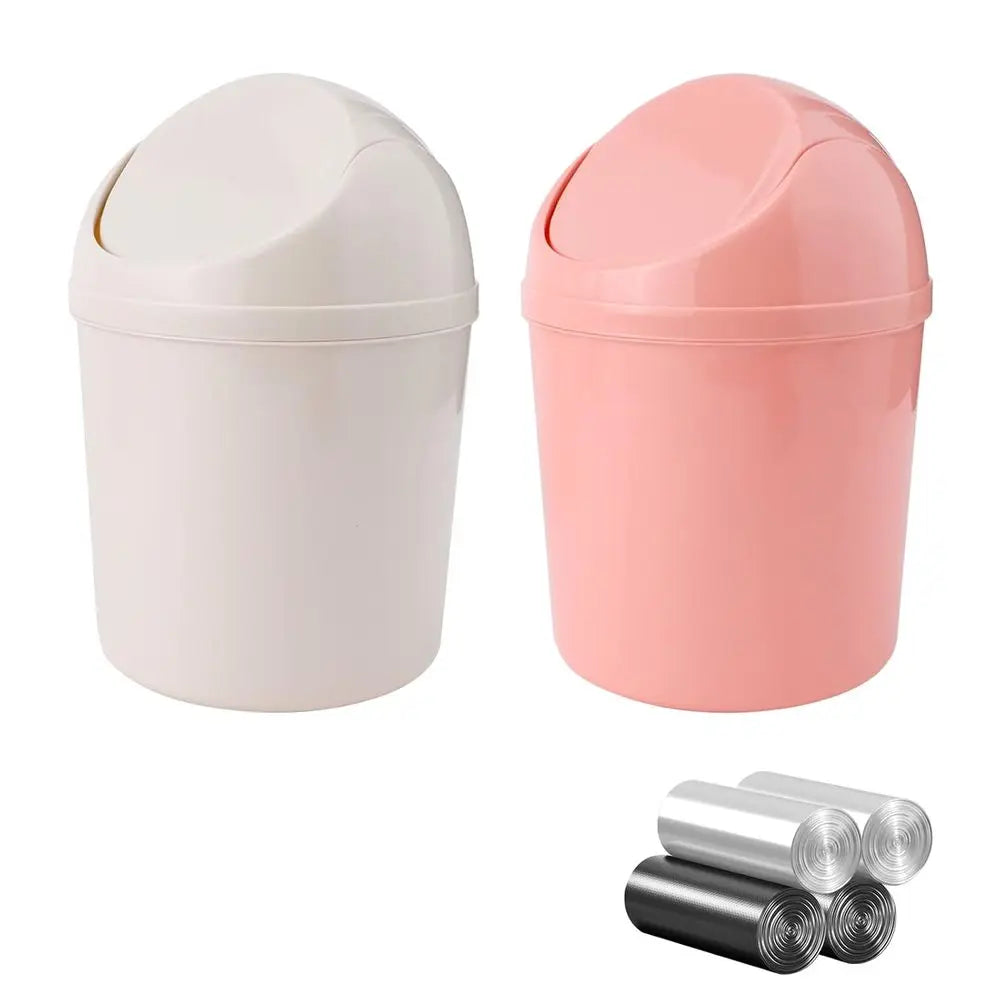2 Pack Plastic Mini Trash Cans with Swing Lid and 120 Bags, Ideal for Small Spaces in Home, Office, and Bathroom (Pink & Beige)