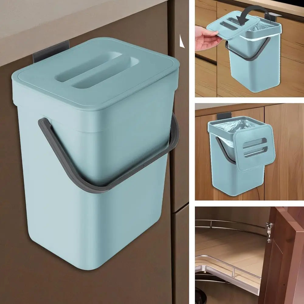 100-Bag Kitchen Compost Bin, Hanging Trash Can with Lid, Pet-Resistant, Odor-Controlled, and Silent Operation (Blue, 1.3 Gal/5 L